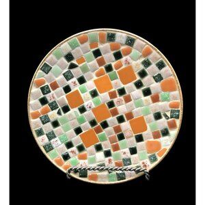 Mcm Mosaic Tile Trinket Dish With Gold Metal Back & Orange Green Brown Tiles